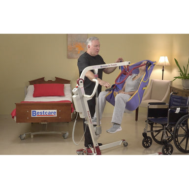Bestcare PL350CT foldable portable electric mobile lift with person in sling in new condition