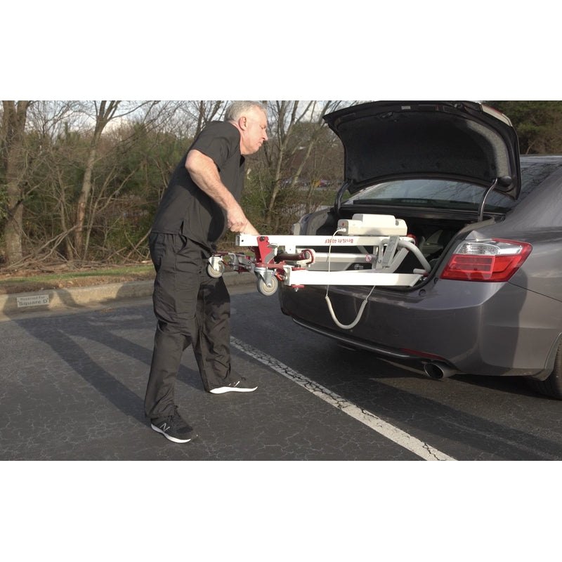 Bestcare PL400EF foldable portable transportable electric mobile lift with person folding and transporting in new condition