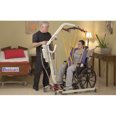 Bestcare PL182 electric mobile lift with person in sling in new condition