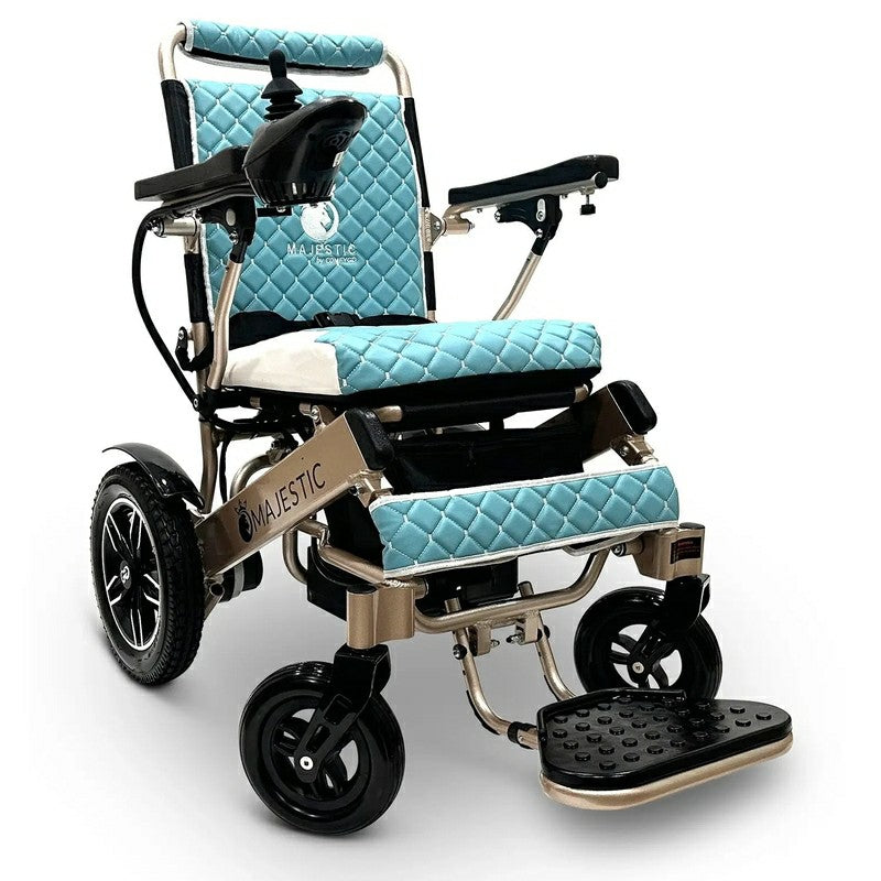 IQ-8000 Remote Controlled Lightweight Electric Wheelchair golden frame teal cushion
