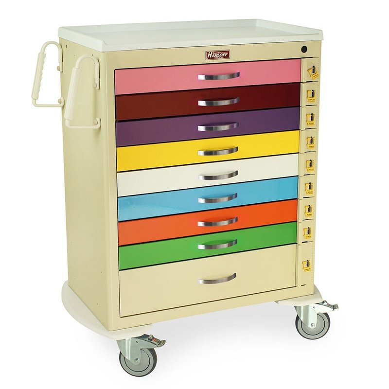 Harloff MDS3030B09PED M-Series Tall Pediatric Crash Cart, Standard Width, Nine Drawers front view