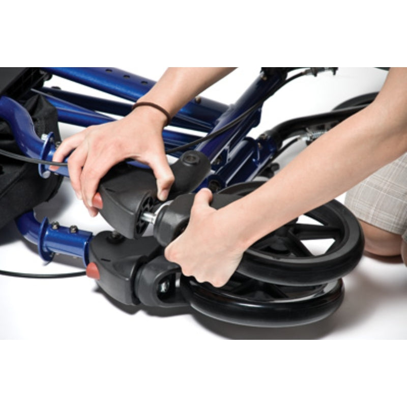 Hybrid LX rollator transport chair in blue with folding or unfolding wheel mechanism in new condition