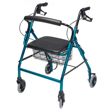 Walkabout wide four-wheel rollator in aqua finish in new condition