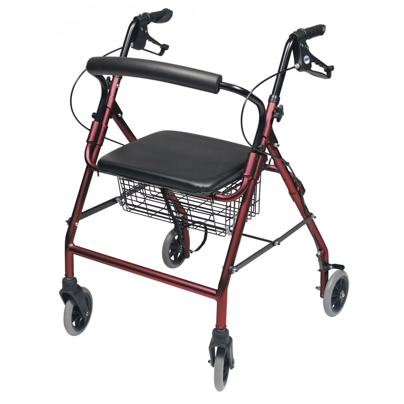 Walkabout wide four-wheel rollator in burgundy finish in new condition