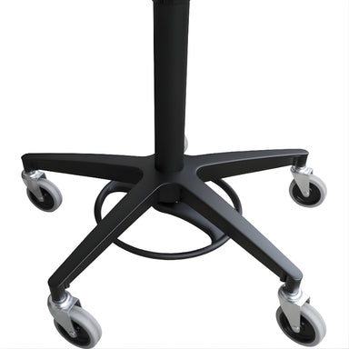 32-inch wide height-adjustable mobile table with wooden top, 31–41 inch height range, black metal base, and caster wheels.